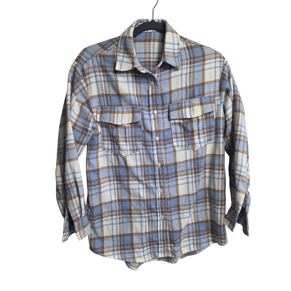 Pink Lily Womens Blue Brown Plaid Flannel Button Down‎ Shirt Small MA98